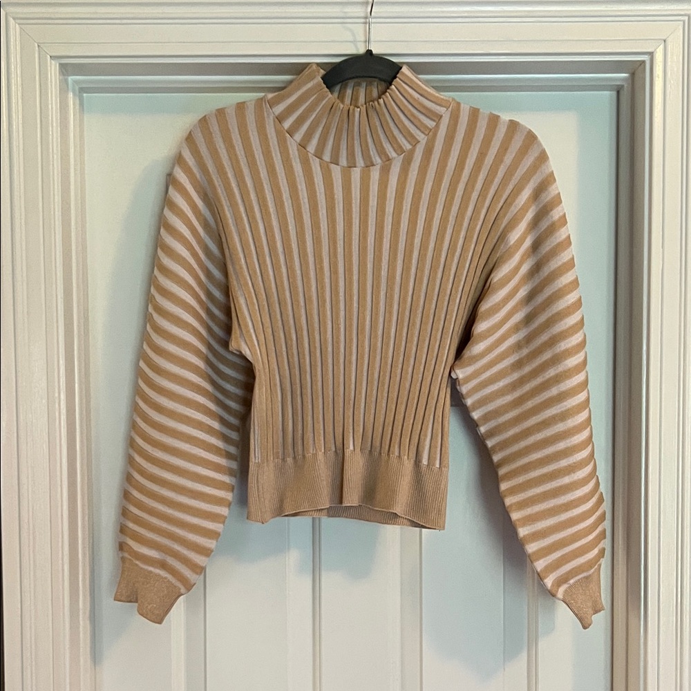 Free People Beige and White Striped Turtleneck Sweater